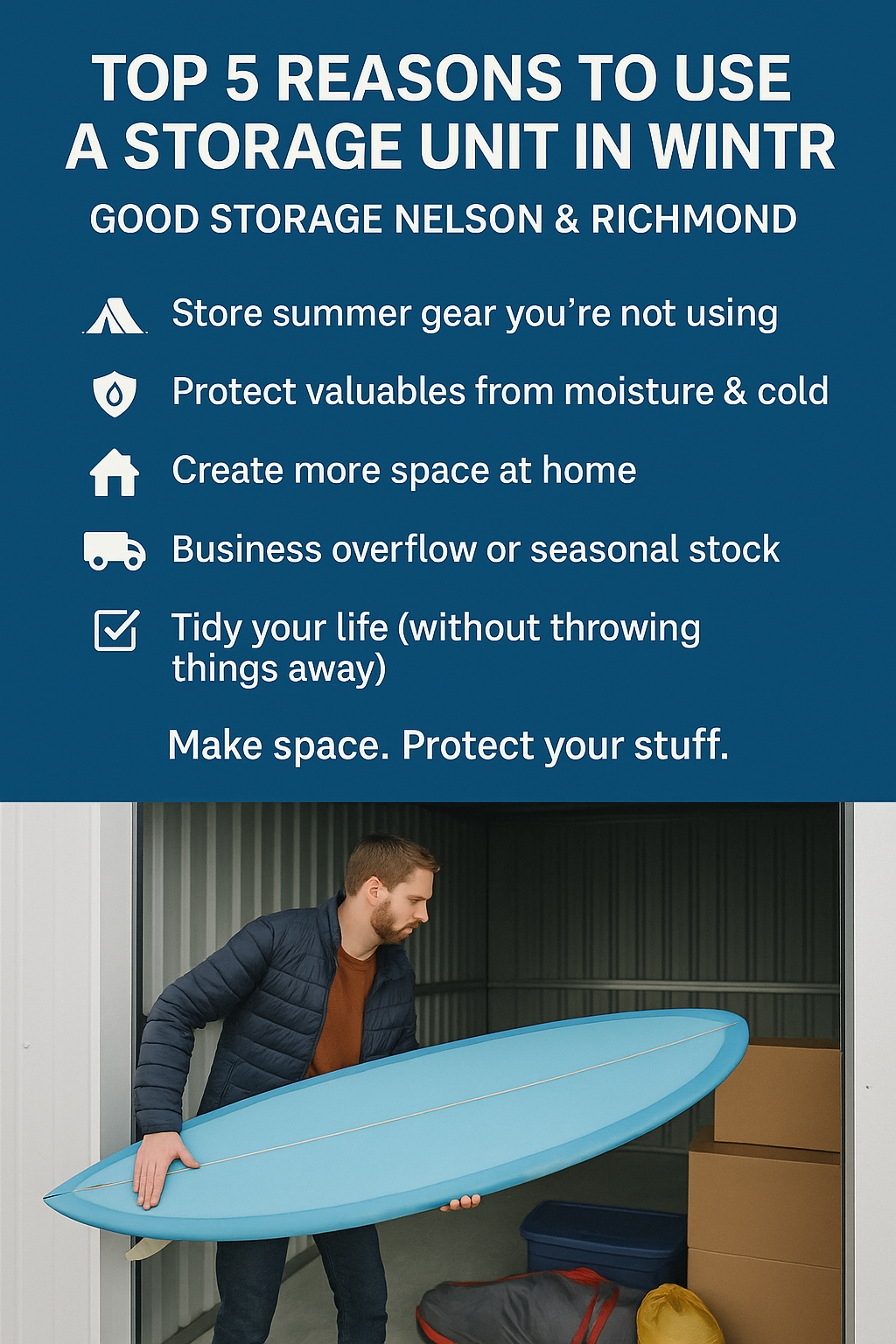 Storage of surf board in Nelson