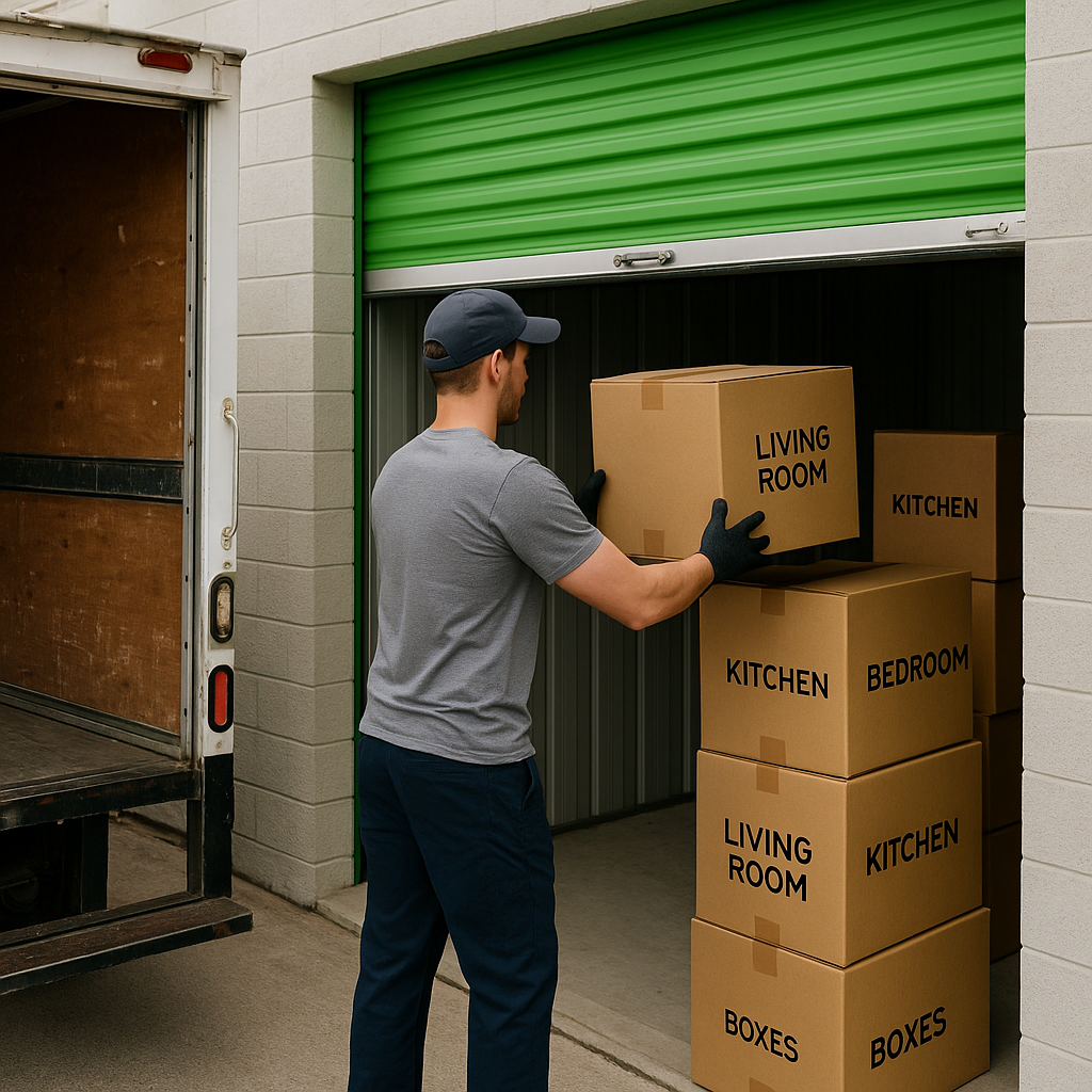A moving truck parked outside a storage unit in Nelson being unloaded by movers