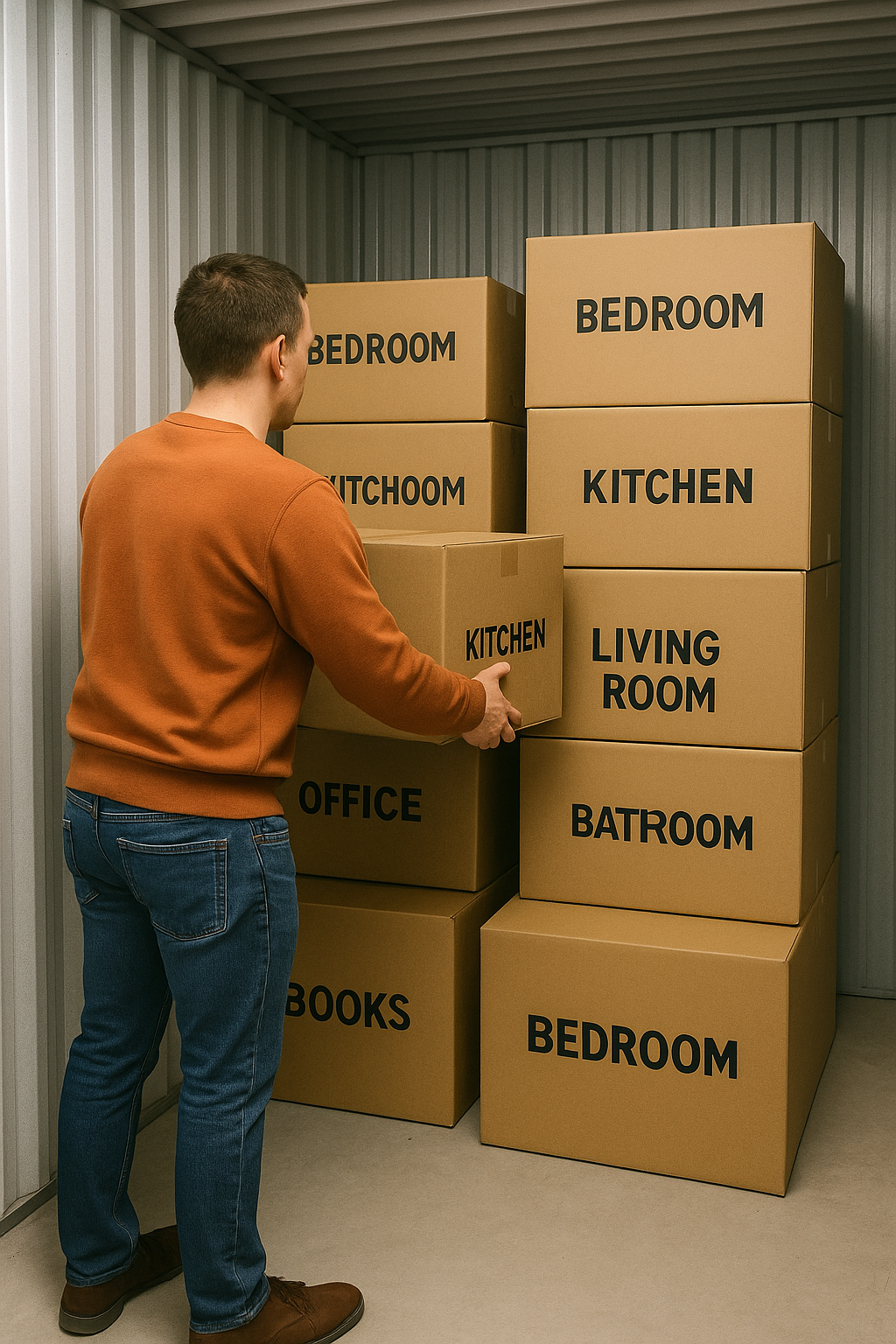 Person stacking labeled boxes in a clean, well-lit storage unit in Nelson